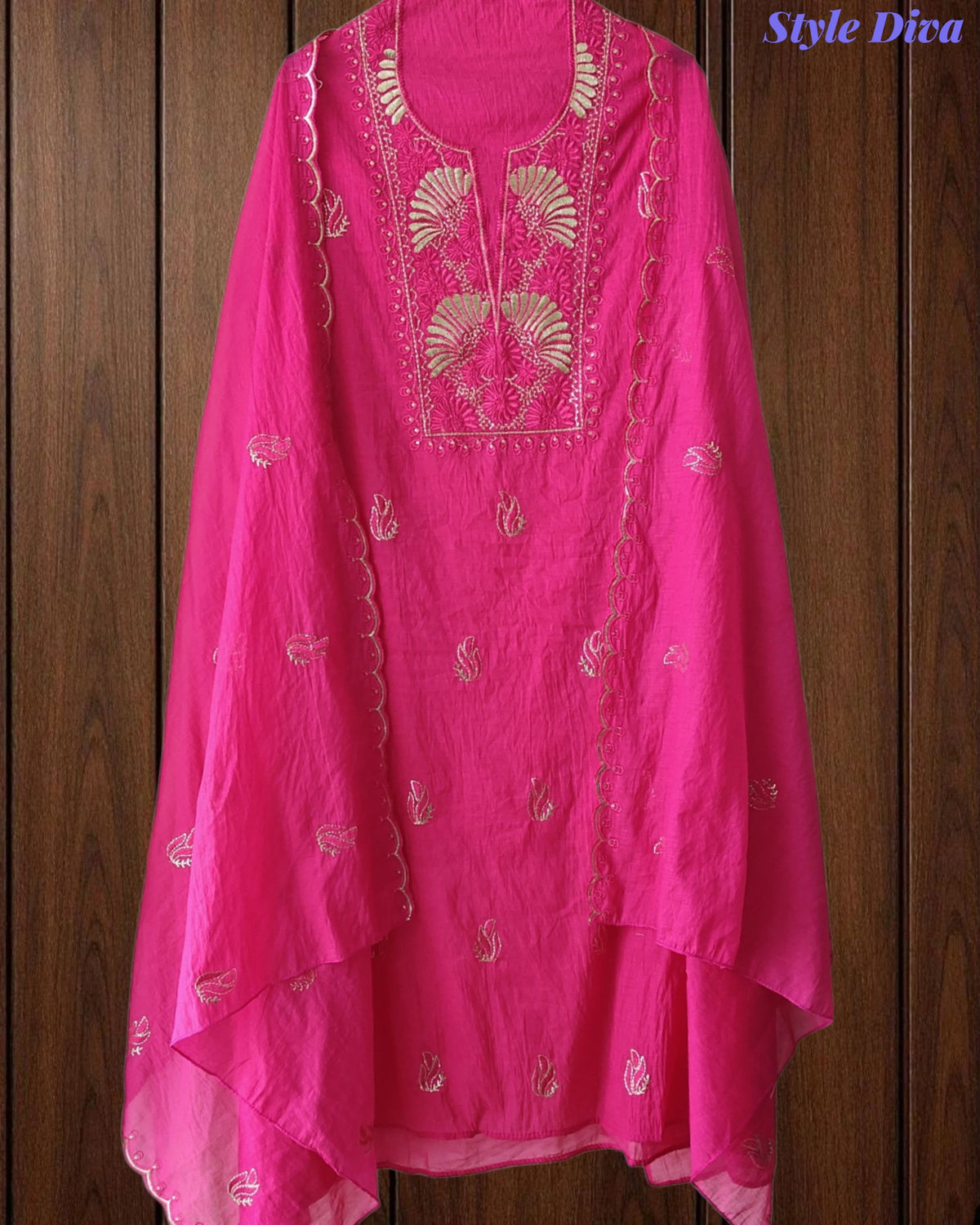 Mul Cotton Unstitched Suit Set with Pita Embroidery & Scalloped Edge Dupatta