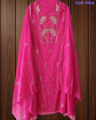 Mul Cotton Unstitched Suit Set with Pita Embroidery & Scalloped Edge Dupatta
