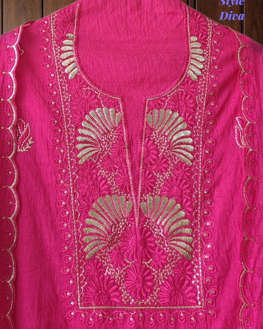 Mul Cotton Unstitched Suit Set with Pita Embroidery & Scalloped Edge Dupatta