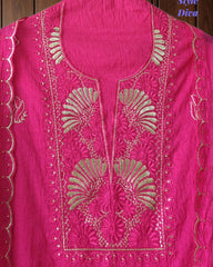 Mul Cotton Unstitched Suit Set with Pita Embroidery & Scalloped Edge Dupatta