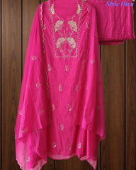 Mul Cotton Unstitched Suit Set with Pita Embroidery & Scalloped Edge Dupatta