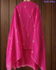 Mul Cotton Unstitched Suit Set with Pita Embroidery & Scalloped Edge Dupatta
