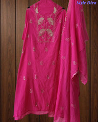 Mul Cotton Unstitched Suit Set with Pita Embroidery & Scalloped Edge Dupatta