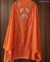 Mul Cotton Unstitched Suit Set with Pita Embroidery & Scalloped Edge Dupatta