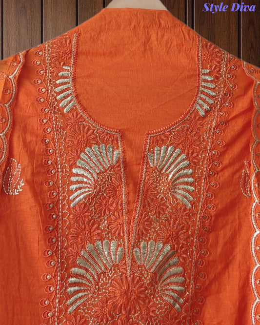 Mul Cotton Unstitched Suit Set with Pita Embroidery & Scalloped Edge Dupatta