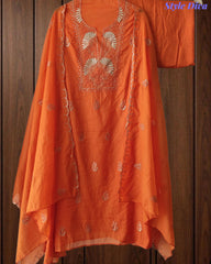 Mul Cotton Unstitched Suit Set with Pita Embroidery & Scalloped Edge Dupatta