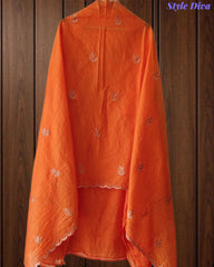 Mul Cotton Unstitched Suit Set with Pita Embroidery & Scalloped Edge Dupatta