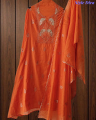 Mul Cotton Unstitched Suit Set with Pita Embroidery & Scalloped Edge Dupatta