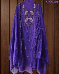 Mul Cotton Unstitched Suit Set with Pita Embroidery & Scalloped Edge Dupatta
