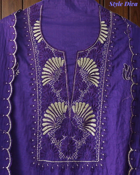 Mul Cotton Unstitched Suit Set with Pita Embroidery & Scalloped Edge Dupatta