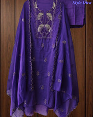 Mul Cotton Unstitched Suit Set with Pita Embroidery & Scalloped Edge Dupatta