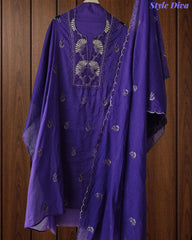 Mul Cotton Unstitched Suit Set with Pita Embroidery & Scalloped Edge Dupatta