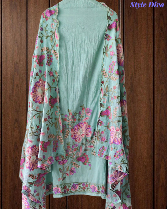 Mul Cotton Unstitched Suit with Kashmiri Embroidery & Kashmiri Embroidered Dupatta