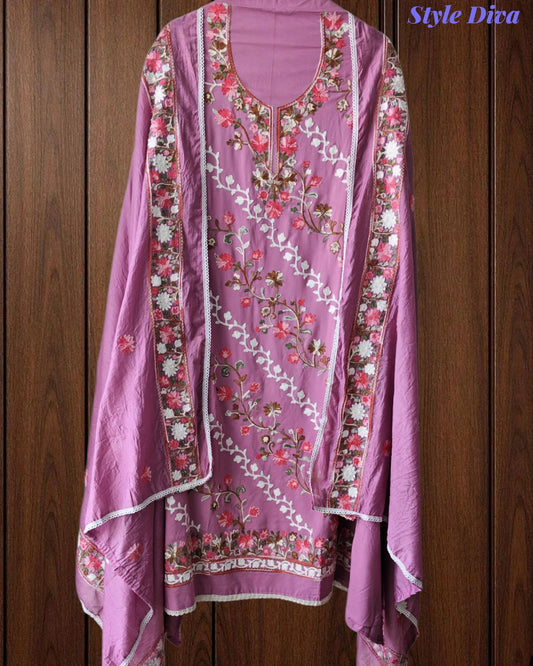 Premium Rayon Unstitched Suit with Overall Kashmiri Embroidery and Crochet Border