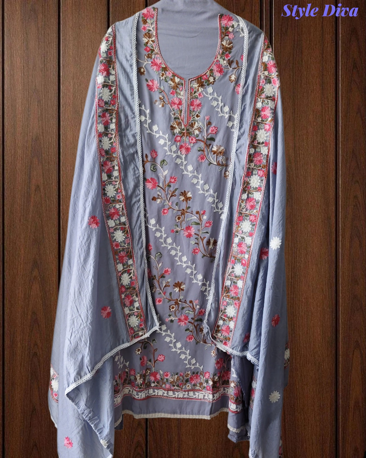 Premium Rayon Unstitched Suit with Overall Kashmiri Embroidery and Crochet Border