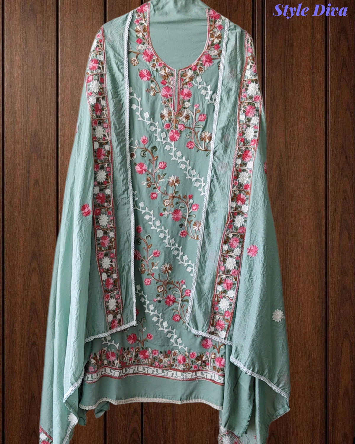 Premium Rayon Unstitched Suit with Overall Kashmiri Embroidery and Crochet Border