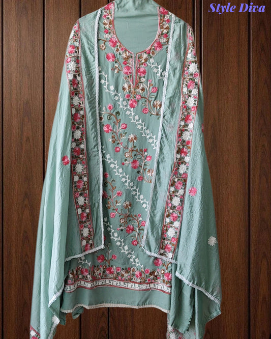 Premium Rayon Unstitched Suit with Overall Kashmiri Embroidery and Crochet Border