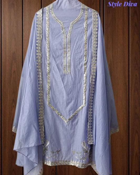 Mul Cotton Pita Work Unstitched Suit With Scalloped and Pita Work Dupatta