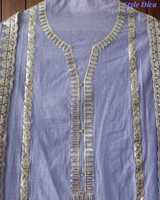 Mul Cotton Pita Work Unstitched Suit With Scalloped and Pita Work Dupatta