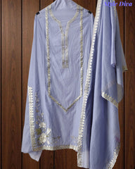 Mul Cotton Pita Work Unstitched Suit With Scalloped and Pita Work Dupatta