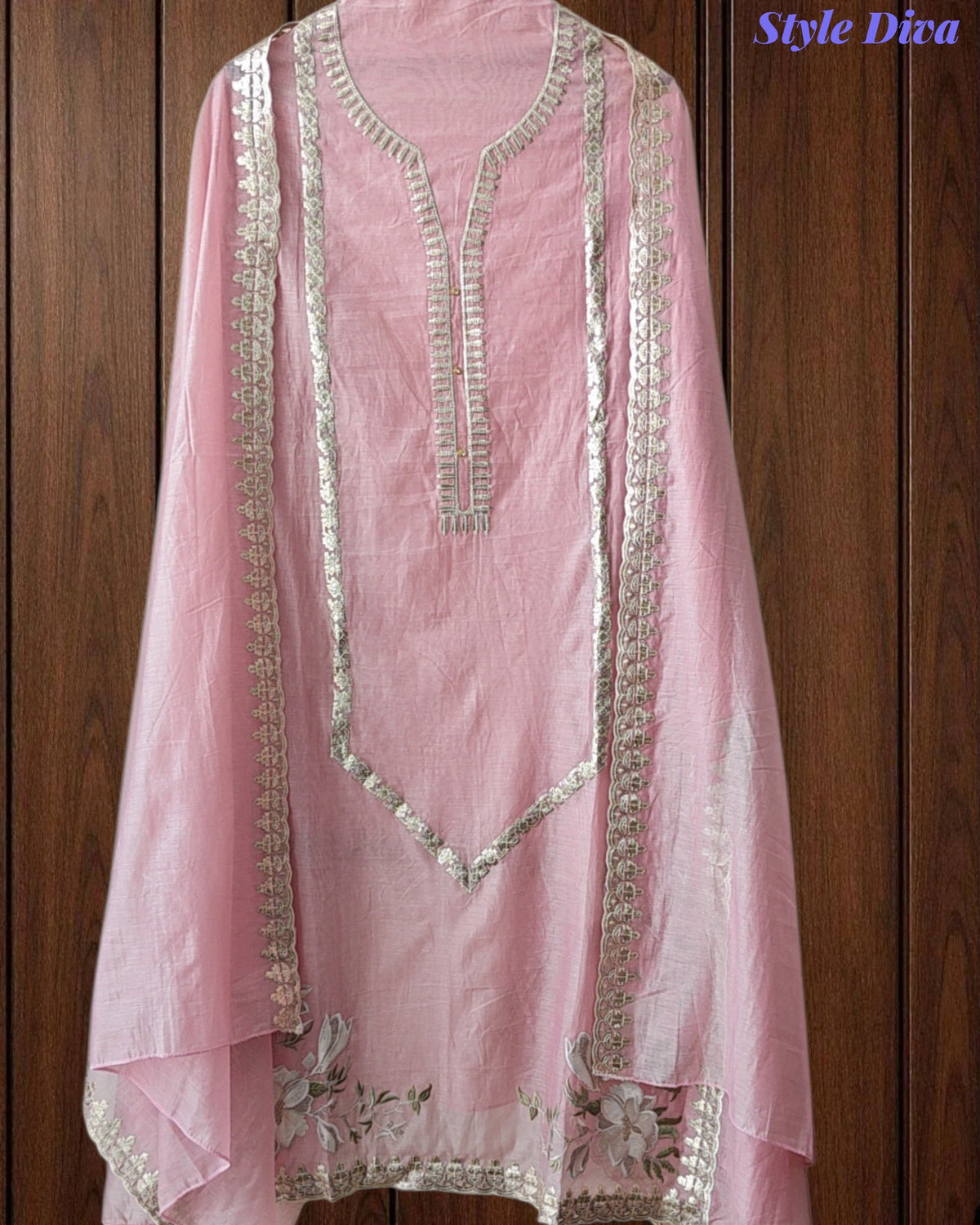 Mul Cotton Pita Work Unstitched Suit With Scalloped and Pita Work Dupatta