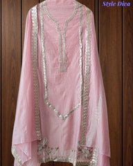 Mul Cotton Pita Work Unstitched Suit With Scalloped and Pita Work Dupatta