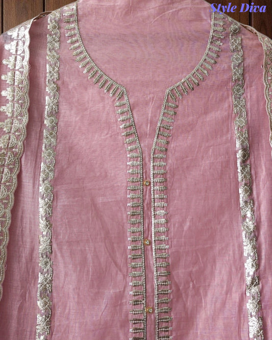 Mul Cotton Pita Work Unstitched Suit With Scalloped and Pita Work Dupatta