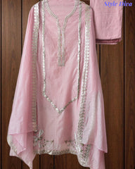 Mul Cotton Pita Work Unstitched Suit With Scalloped and Pita Work Dupatta