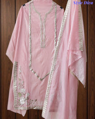 Mul Cotton Pita Work Unstitched Suit With Scalloped and Pita Work Dupatta