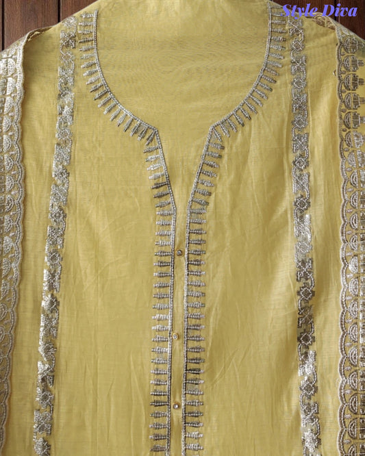Mul Cotton Pita Work Unstitched Suit With Scalloped and Pita Work Dupatta