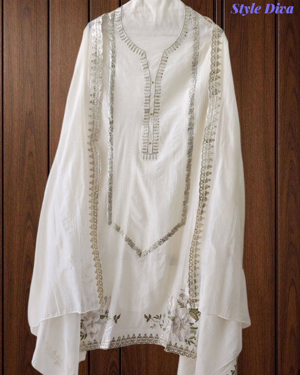 Mul Cotton Pita Work Unstitched Suit With Scalloped and Pita Work Dupatta