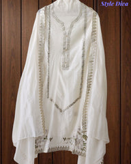 Mul Cotton Pita Work Unstitched Suit With Scalloped and Pita Work Dupatta