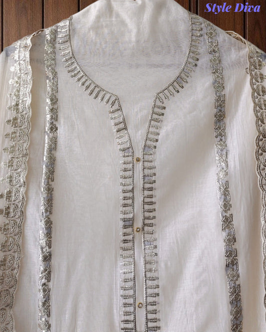 Mul Cotton Pita Work Unstitched Suit With Scalloped and Pita Work Dupatta