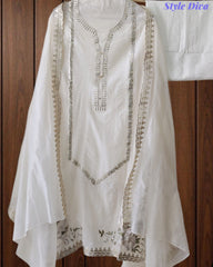 Mul Cotton Pita Work Unstitched Suit With Scalloped and Pita Work Dupatta