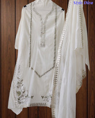 Mul Cotton Pita Work Unstitched Suit With Scalloped and Pita Work Dupatta