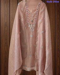 Premium Crushed Tissue Unstitched Suit with Swarovski, Kundan & Pearl Embellishments