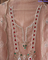 Premium Crushed Tissue Unstitched Suit with Swarovski, Kundan & Pearl Embellishments