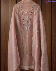 Premium Crushed Tissue Unstitched Suit with Swarovski, Kundan & Pearl Embellishments