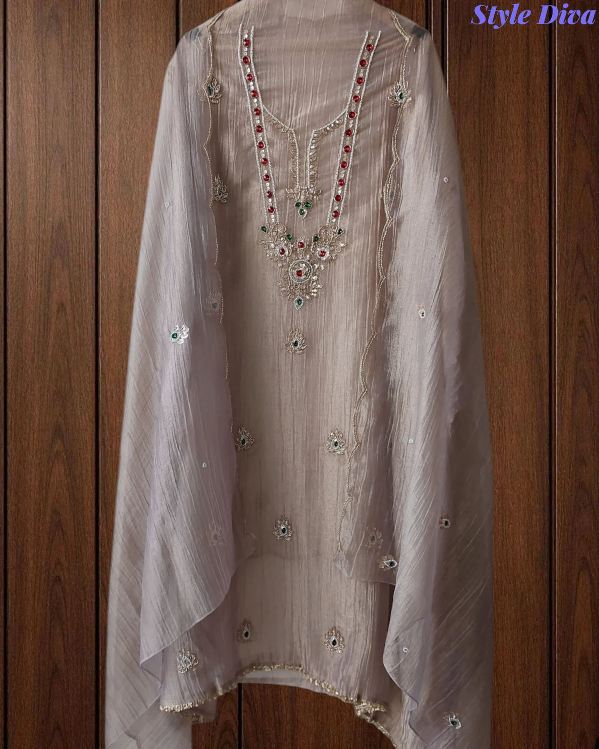 Premium Crushed Tissue Unstitched Suit with Swarovski, Kundan & Pearl Embellishments