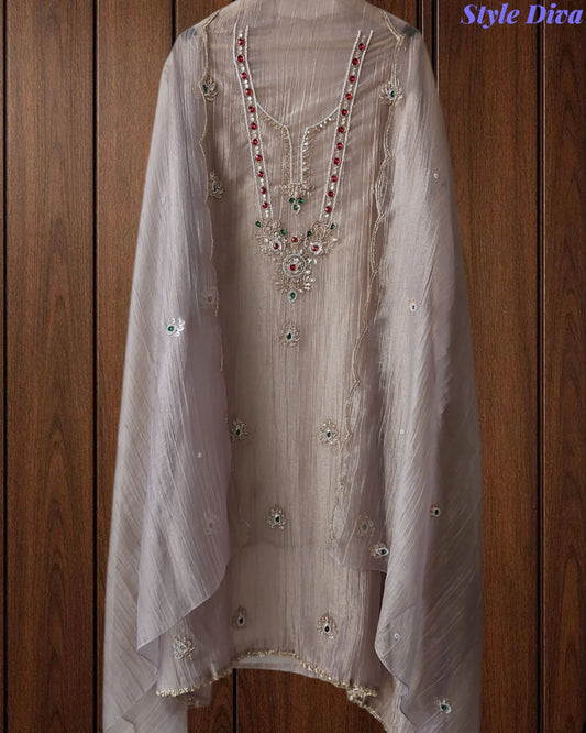 Premium Crushed Tissue Unstitched Suit with Swarovski, Kundan & Pearl Embellishments