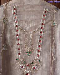 Premium Crushed Tissue Unstitched Suit with Swarovski, Kundan & Pearl Embellishments