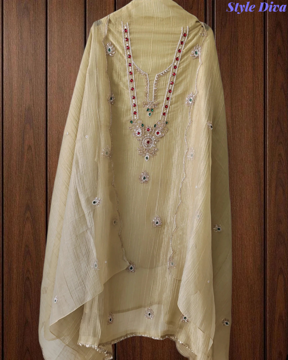 Premium Crushed Tissue Unstitched Suit with Swarovski, Kundan & Pearl Embellishments