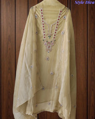 Premium Crushed Tissue Unstitched Suit with Swarovski, Kundan & Pearl Embellishments