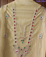 Premium Crushed Tissue Unstitched Suit with Swarovski, Kundan & Pearl Embellishments