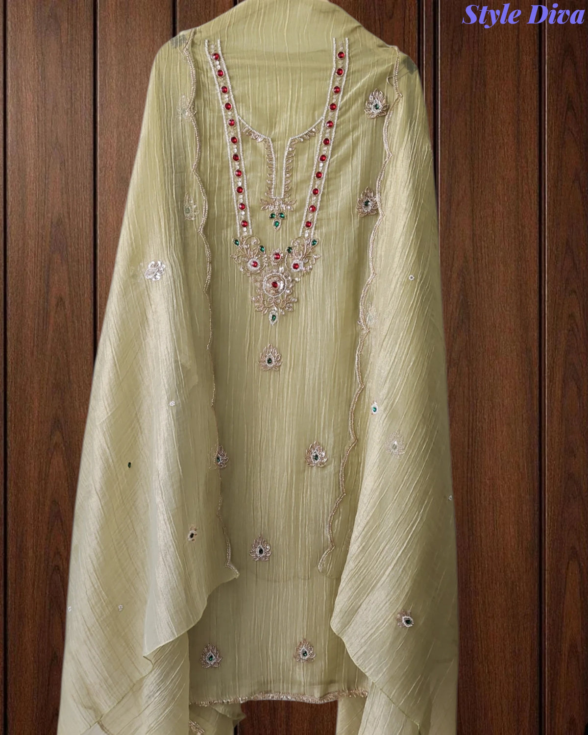 Premium Crushed Tissue Unstitched Suit with Swarovski, Kundan & Pearl Embellishments