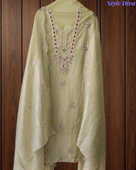 Premium Crushed Tissue Unstitched Suit with Swarovski, Kundan & Pearl Embellishments