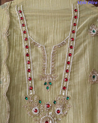 Premium Crushed Tissue Unstitched Suit with Swarovski, Kundan & Pearl Embellishments