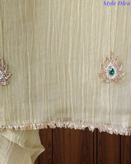 Premium Crushed Tissue Unstitched Suit with Swarovski, Kundan & Pearl Embellishments