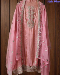 Tissue Unstitched Suit Set with Zari & Mirror Work and Scalloped Organza Dupatta