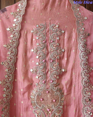 Tissue Unstitched Suit Set with Zari & Mirror Work and Scalloped Organza Dupatta